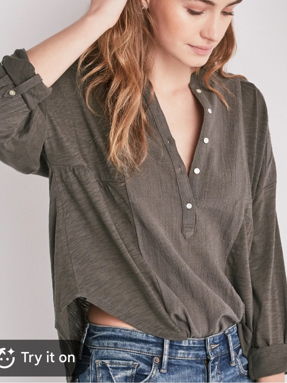 Lucky brand olive green loose fit Henley shirt top size XL